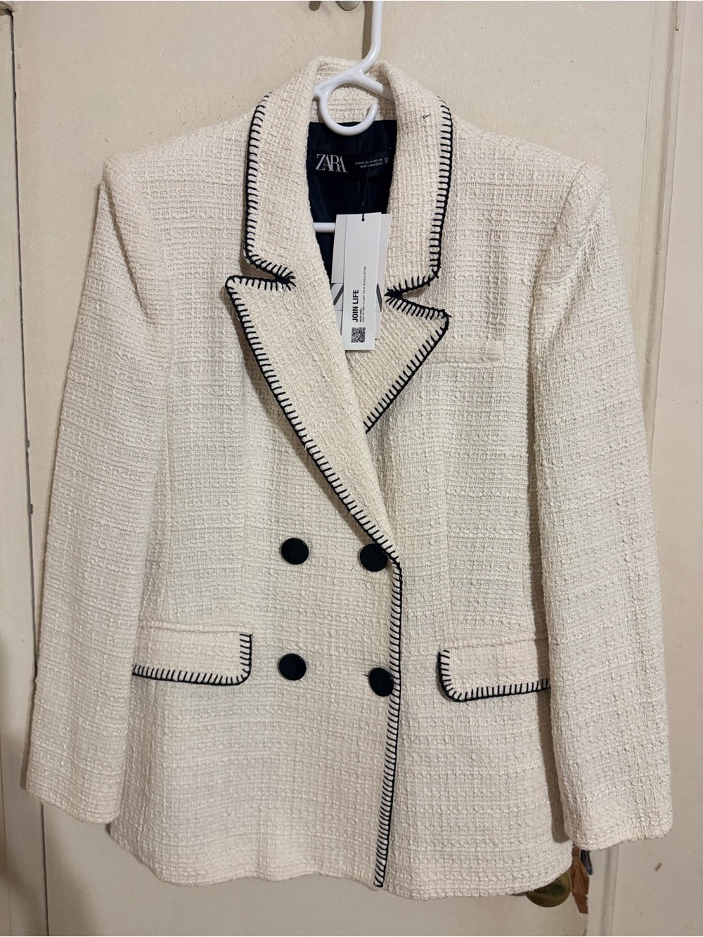 Zara Cream Bouclé Blazer with Black Trim